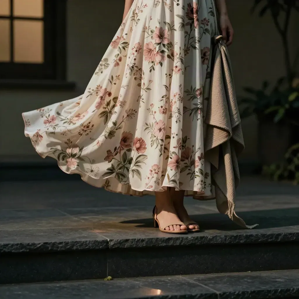 Ivory floral dress with blush print draped on a dark terrace step beside a wrap and sandal.