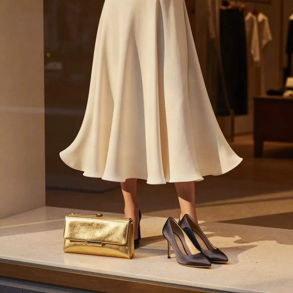Ivory dress, gold clutch, and charcoal heels on travertine in warm evening light.