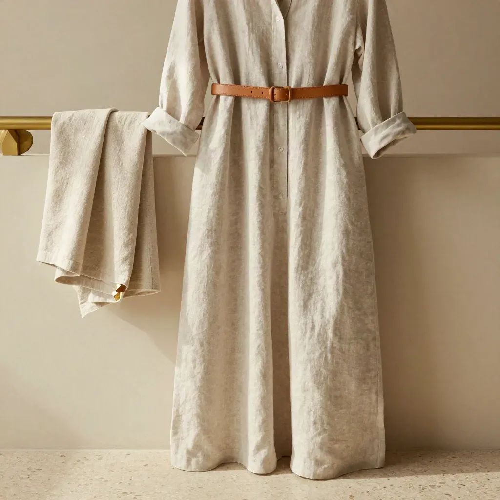 Linen shirt dress with leather belt and tote strap on travertine in soft daylight