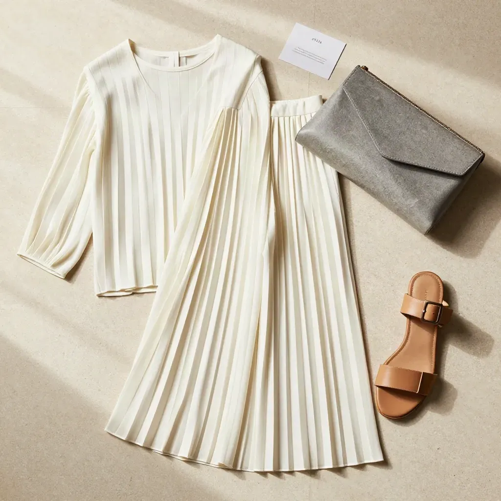 Overhead flatlay of an ivory pleated co-ord set with clutch and sandal strap on pale stone.