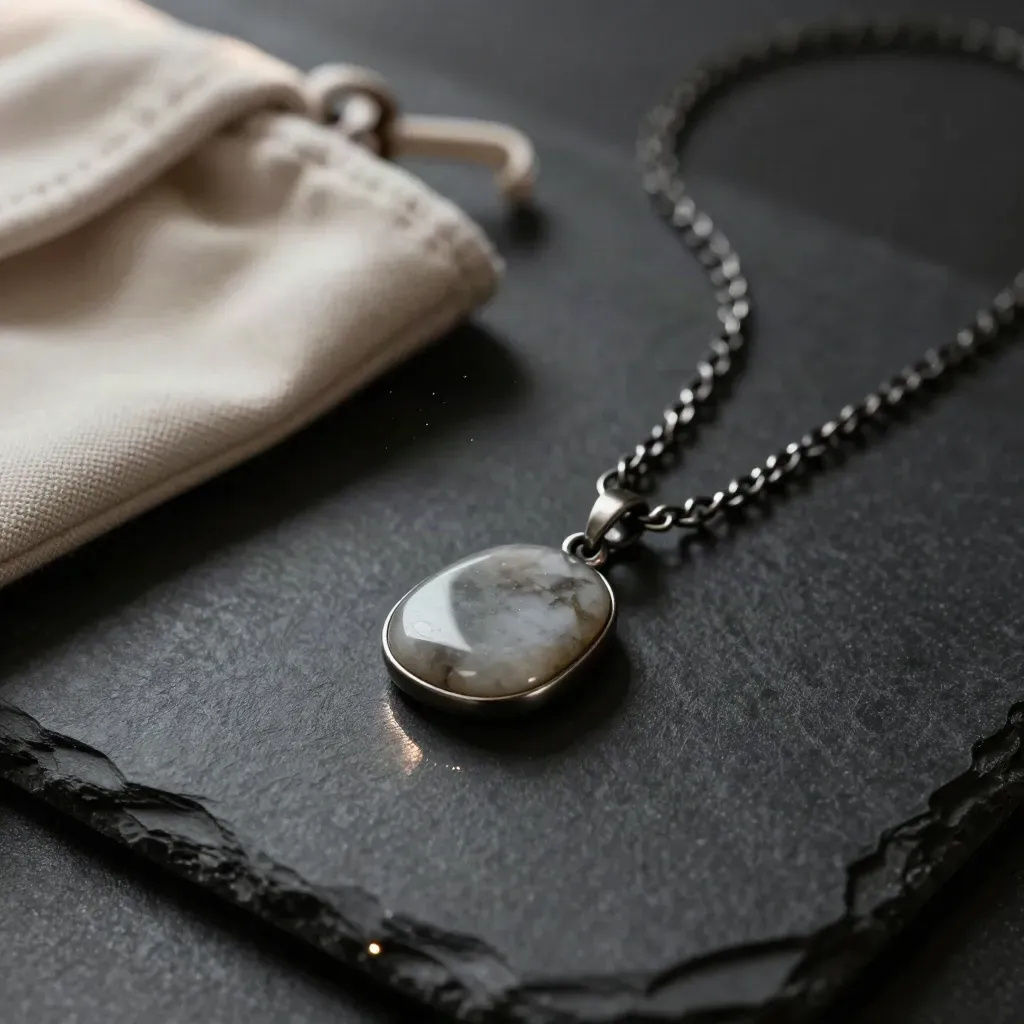 Charcoal stone pendant necklace beside a pouch on a matte-black studio surface.