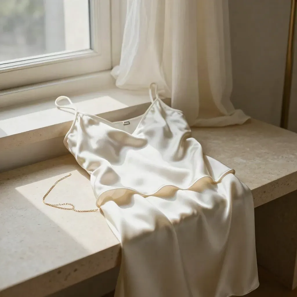 Ivory satin cami top with necklace and folded skirt waistband on a pale stone bench