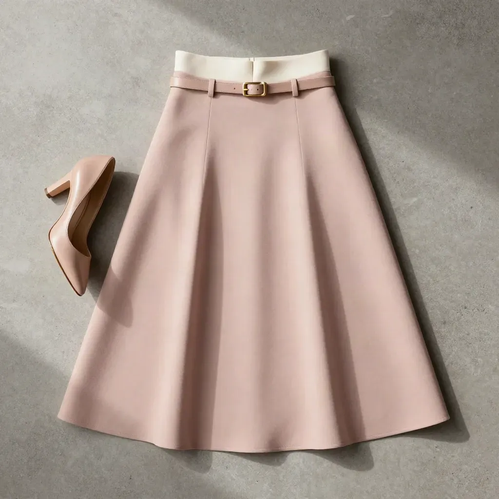 Overhead flatlay of a blush A-line skirt with belt, heel and tucked top on stone.