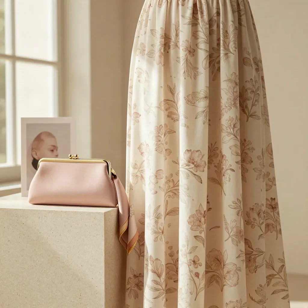 Printed maxi dress with clutch and scarf on a travertine pedestal, softly lit in a luxe studio scene.