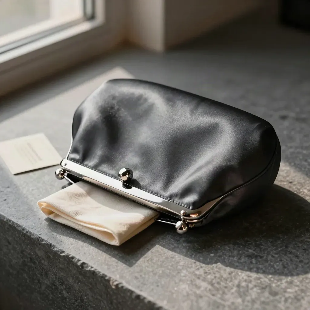 Charcoal satin clutch half-open with tissue, pouch, and a faceted clasp on stone