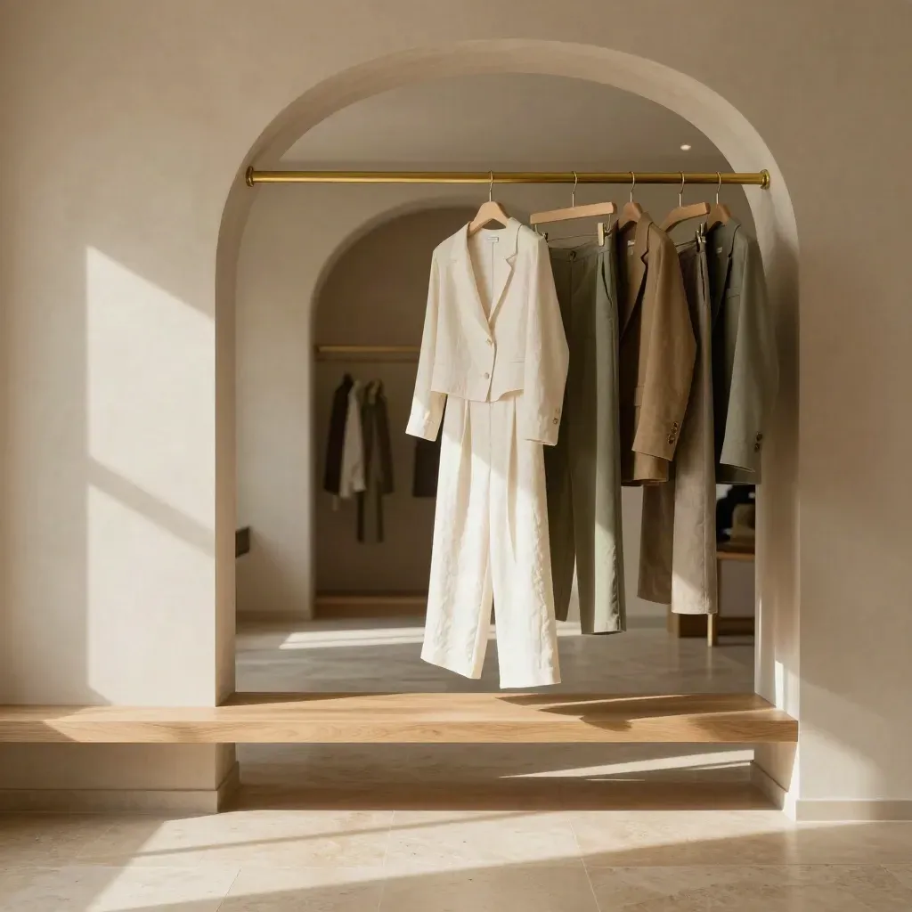 Sunlit boutique archway with co-ord sets on a rail above a calm sand-colored floor.