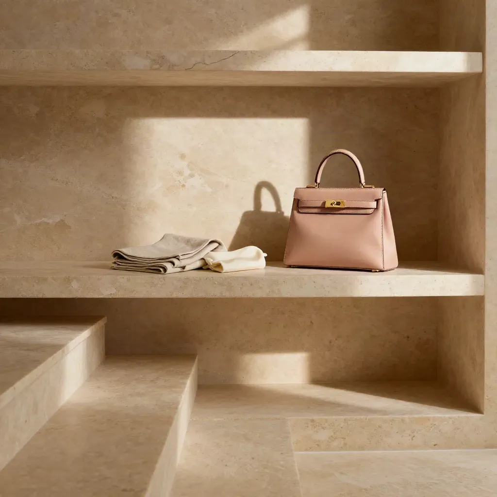 Blush handbag on a travertine shelf above stone steps in soft daylight.