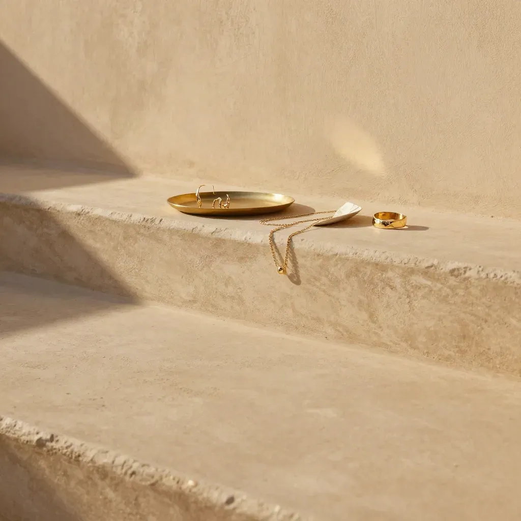 Gold jewelry on a sunlit stone terrace beside a warm plaster wall at golden hour