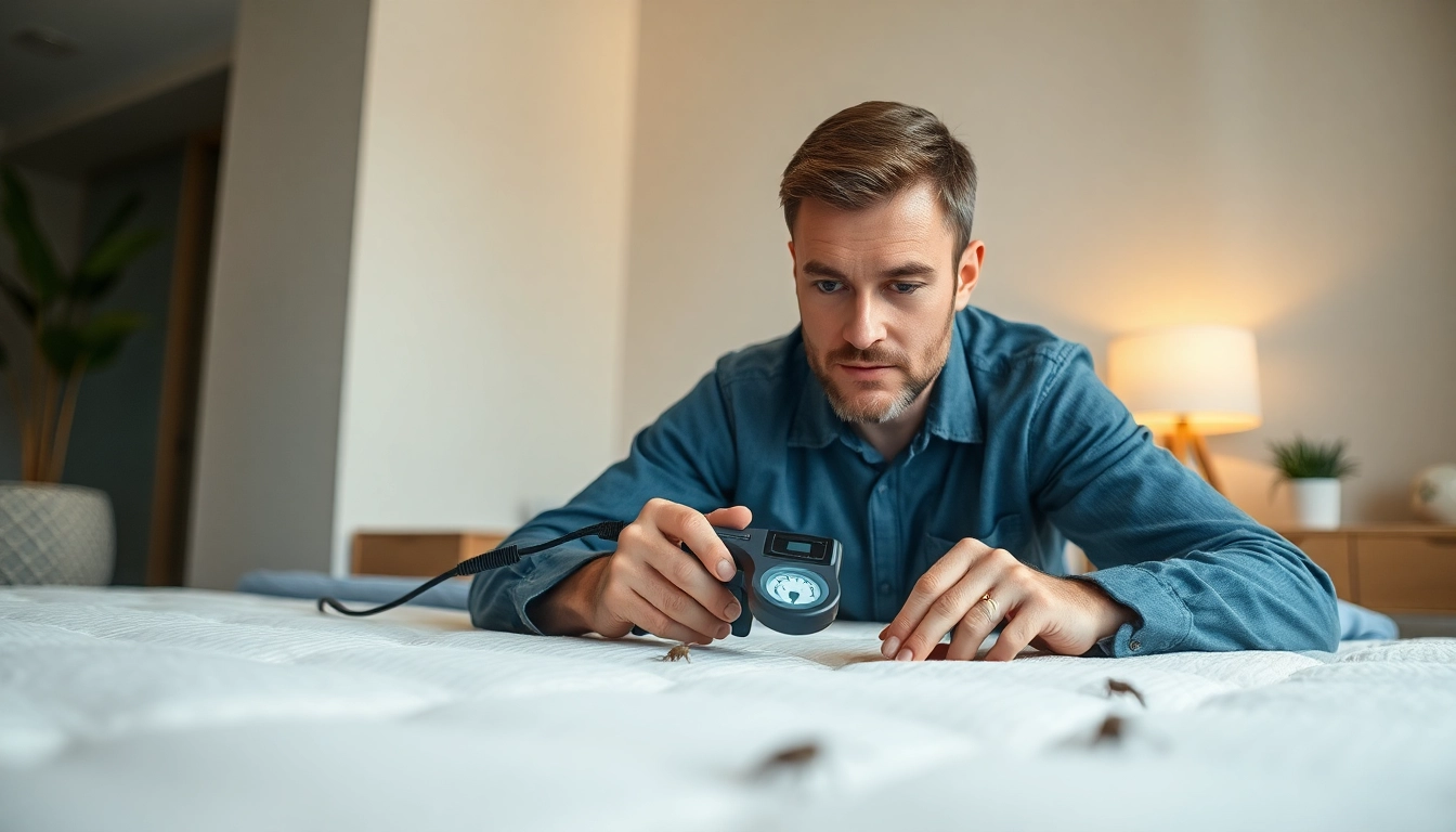Efficient bed bug extermination near me with a professional exterminator inspecting a bedroom.