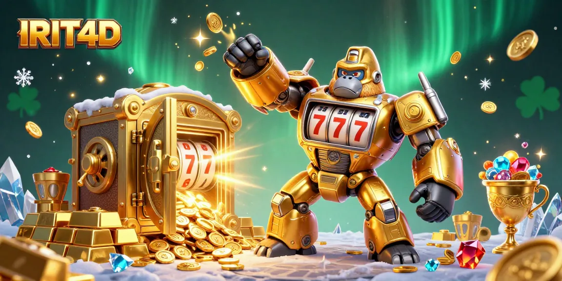 Engage with IRIT4D's thrilling jackpot adventure featuring a golden gorilla mech and treasure chests.