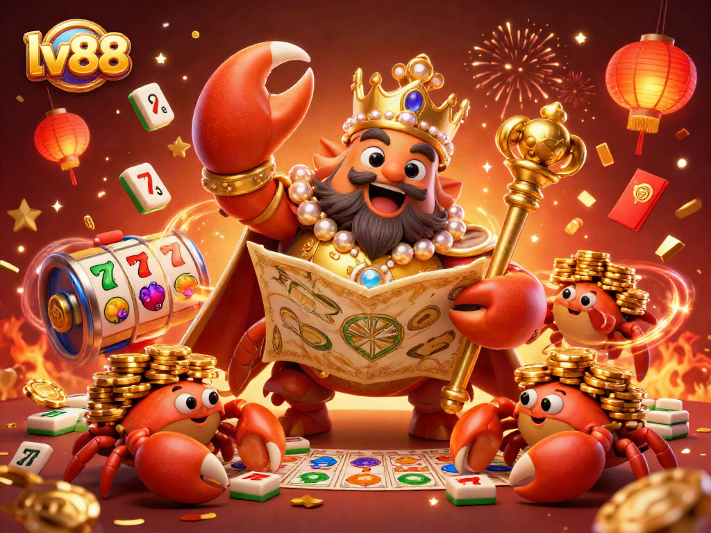 Experience vibrant casino action with lv88, featuring a golden crab emperor amidst animated gaming elements.