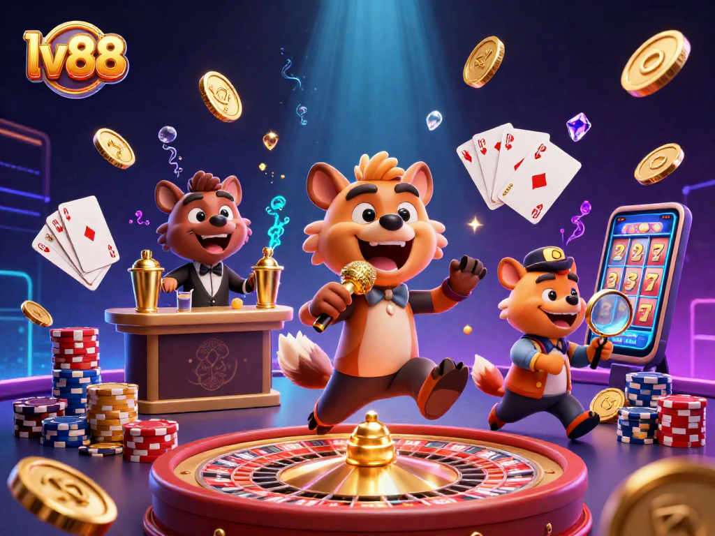 Experience the excitement of lv88 with dynamic casino action featuring hyenas in a comedy club, golden coins, and vibrant gaming elements.