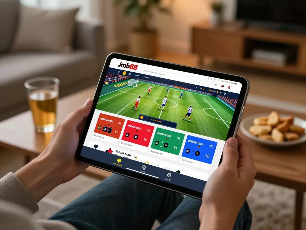 Bet on thrilling sports events using jmb88 on a tablet in a cozy home setting.