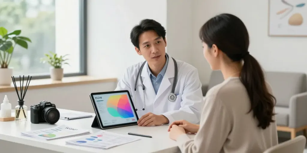 Healthcare professional explaining KLOW peptide therapy benefits to a patient in a bright clinic.