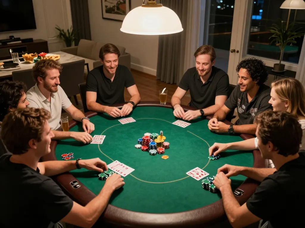 Friends playing poker at home poker night, enjoying O8's exciting social gaming atmosphere.