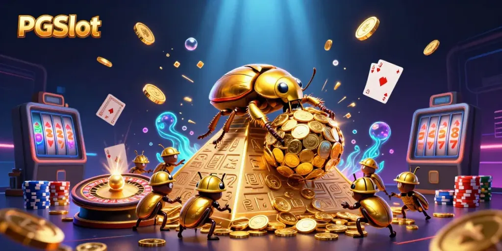 Spin and win at PGSlot, featuring a golden beetle amidst cascading coins and casino symbols.