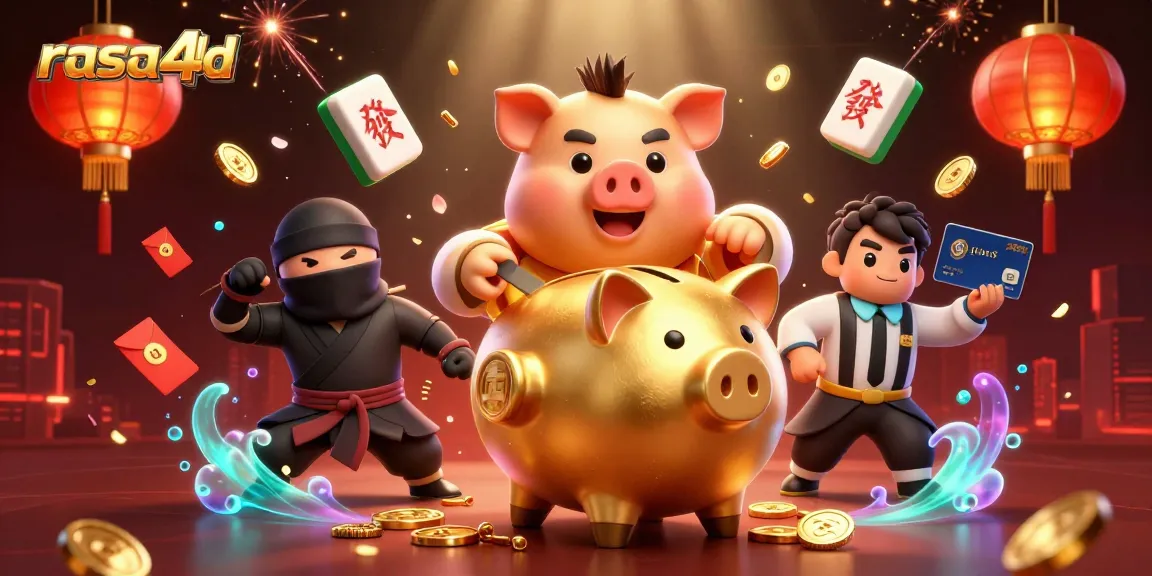 Gambarkan aksi seru rasa4d dengan pegulat bank emas dan ninja, penuh koin dan elemen judi