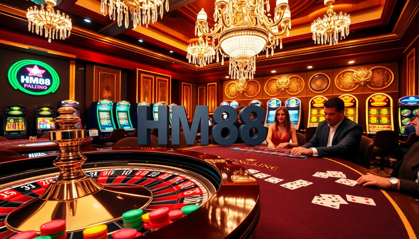 HM88 branded casino scene showcasing roulette and blackjack excitement.