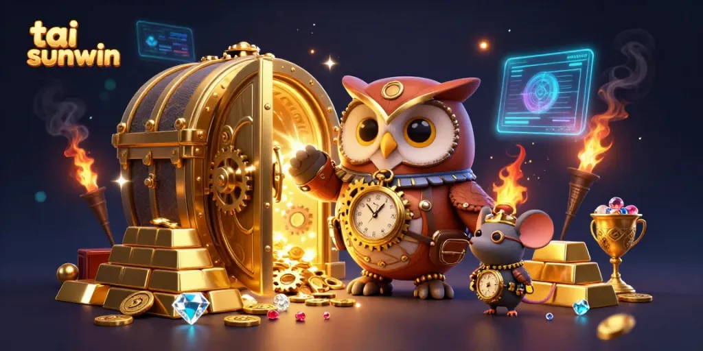 Engage in thrilling gameplay at tai sunwin with 3D characters celebrating big wins amidst gold treasures.