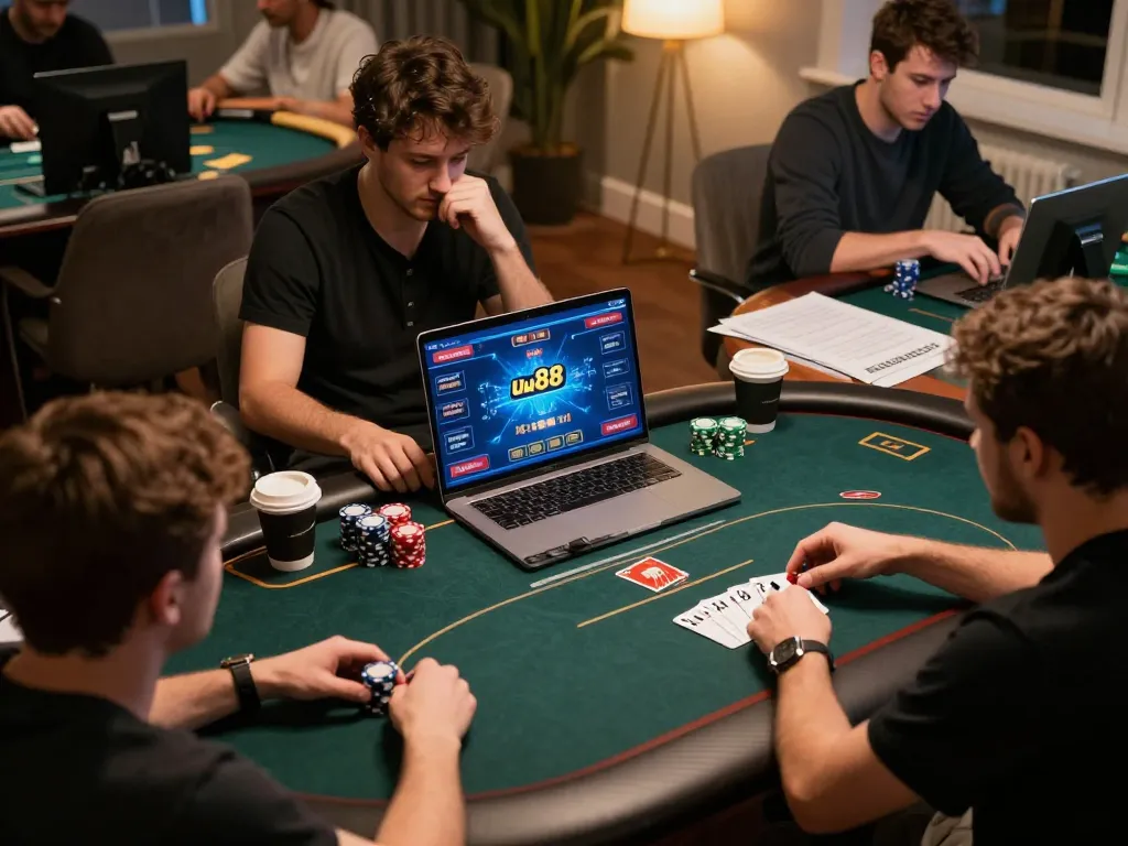Players participate in a lively online poker game at uu88, enjoying a dynamic home setup.