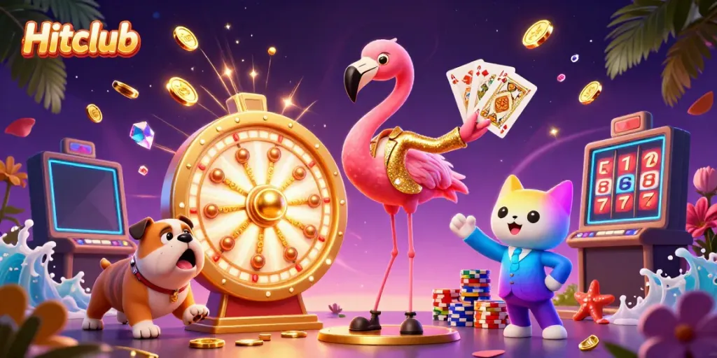 Hitclub brings excitement as bulldog jumps next to flamingo game show host and glowing prizes.