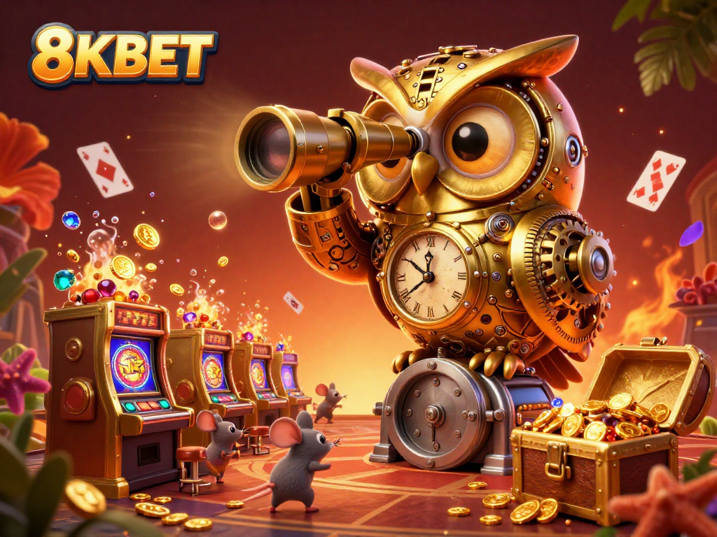 Experience the thrill of 8KBET casino with a vibrant scene featuring a golden owl and dynamic game elements.