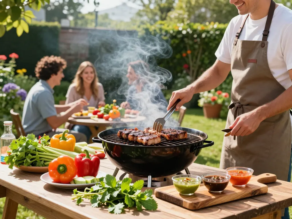 The best crying tiger recipe featuring a backyard grilling scene with marinated steak, colorful veggies, and traditional dipping sauces.