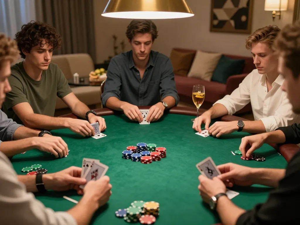 Poker players strategizing their hands at 88aa table surrounded by chips and drinks in a cozy room.