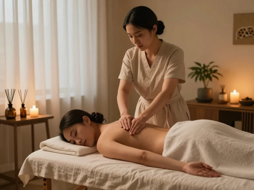 아로마 오일과 부드러운 조명이 있는 차분한 마사지 치료실에서 최고의 논현동마사지 휴식을 경험하세요.