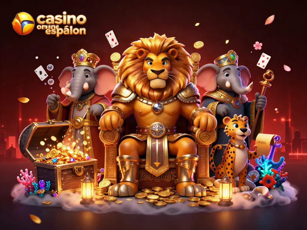 Disfruta de la emoción de casino online español con un rey león, un elefante y un guepardo rodeados de juegos.