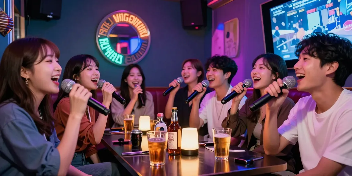Exciting 제주유흥 karaoke night scene with friends enjoying local spirits and entertainment.