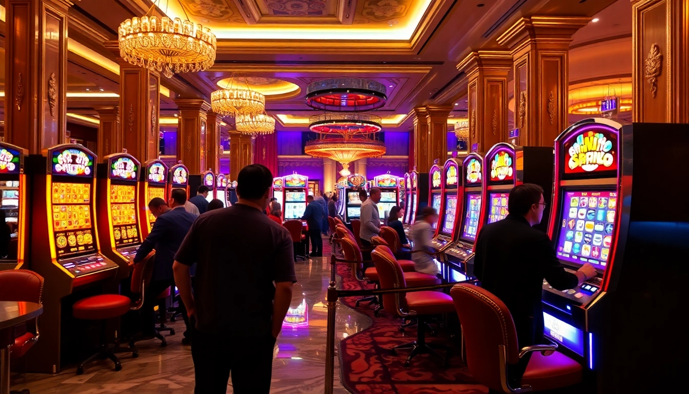 Patrons enjoying SLOT machines in a luxurious casino setting filled with excitement and vibrant decor.