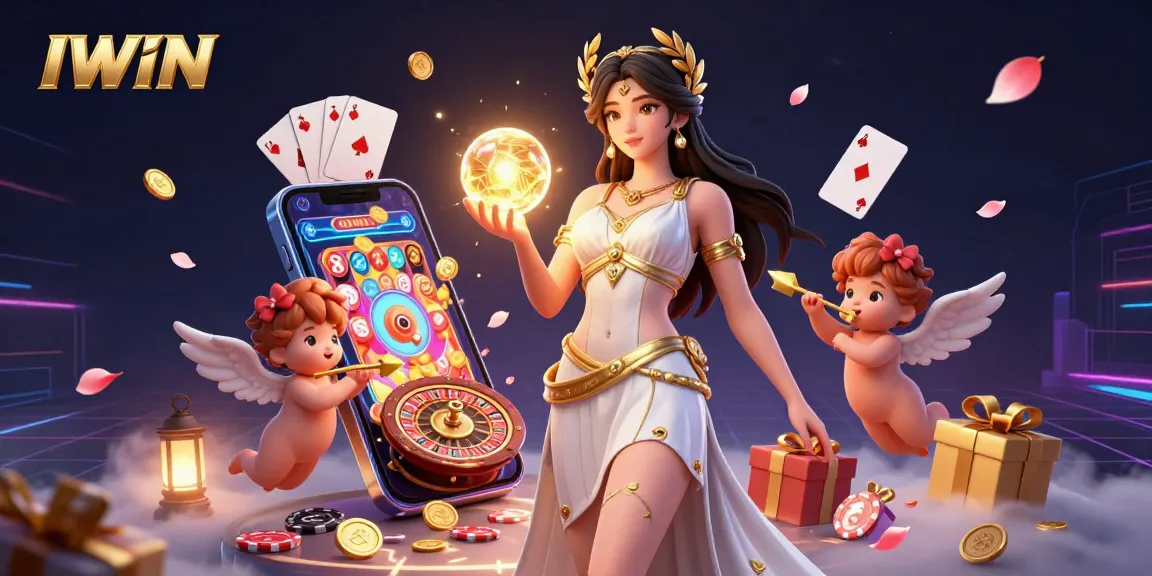 IWIN showcases a vibrant casino scene featuring a goddess with golden elements, cherubs, and exciting gaming symbols.