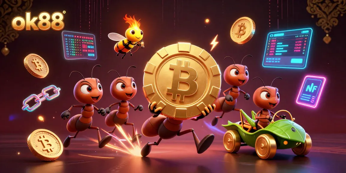 Experience thrilling entertainment with ok88, featuring a heist scene of cartoon ants and interactive crypto elements.