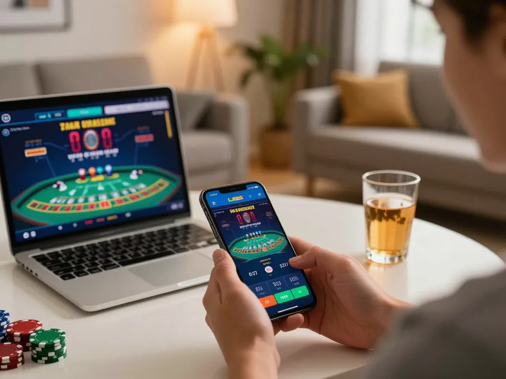 Player interacting with the LC88 app, showcasing live blackjack gameplay in a cozy home environment.