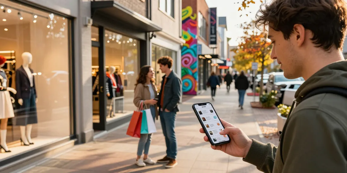 Young adult browsing shops in an urban shopping district, exploring deals on https://forumup.org/shop/search.php?ca_id=&addr1=&addr2=&addr3=&schKeyword= during golden hour.