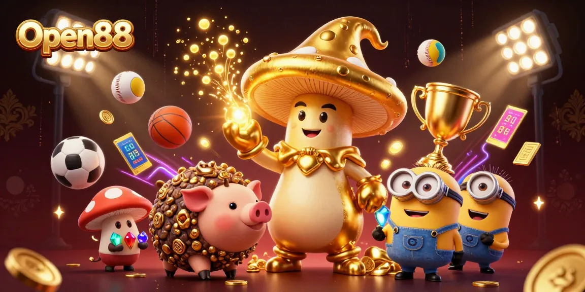 Open88 illustration showcasing an enchanting golden mushroom wizard and dynamic sports elements in an immersive casino scene.