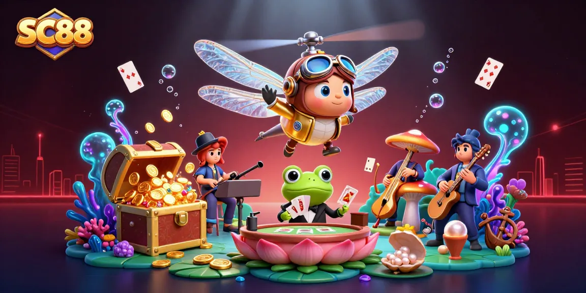 Engage with SC88’s exhilarating gaming world featuring a dragonfly pilot, frog dealer, and jazzy crickets in a vibrant casino scene.