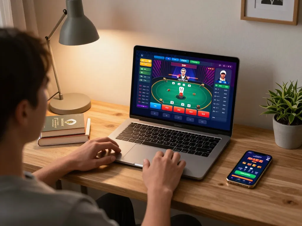 Engaging in online poker gaming while exploring situs 1k on tablet in a cozy living room.