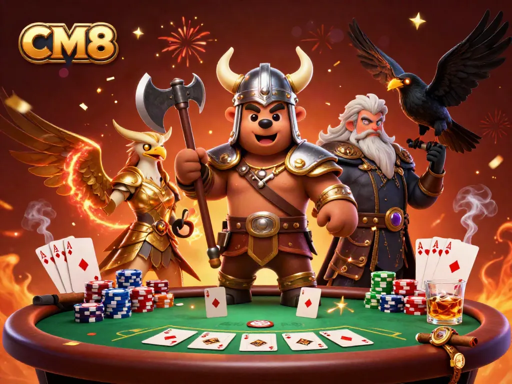 Engage with CM8 in a vibrant casino scene featuring a Viking bear and Valkyrie eagle.