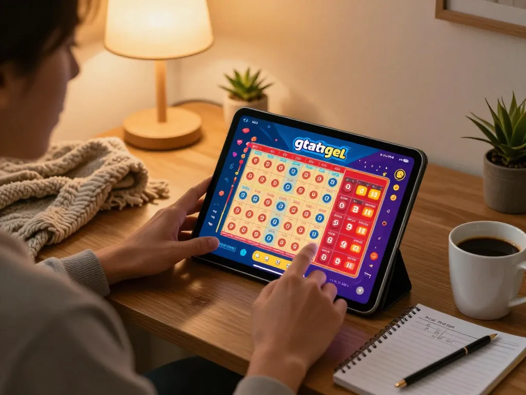 Engaging home setup for gtatogel betting with a laptop displaying lottery odds and strategy notes.