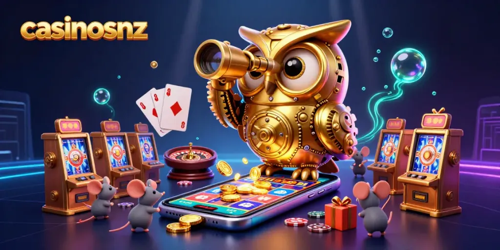 Engage with casinosnz through a vibrant casino scene with an owl and whimsical characters.