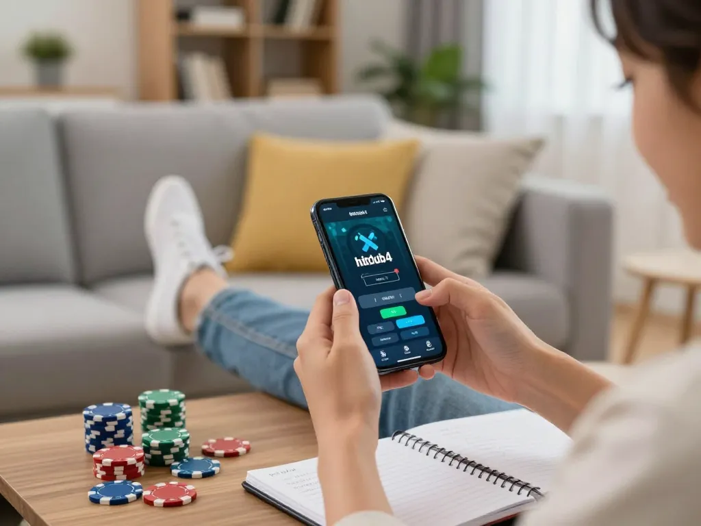 Engaging with hitclub4 app for online gambling on smartphone in a cozy living room