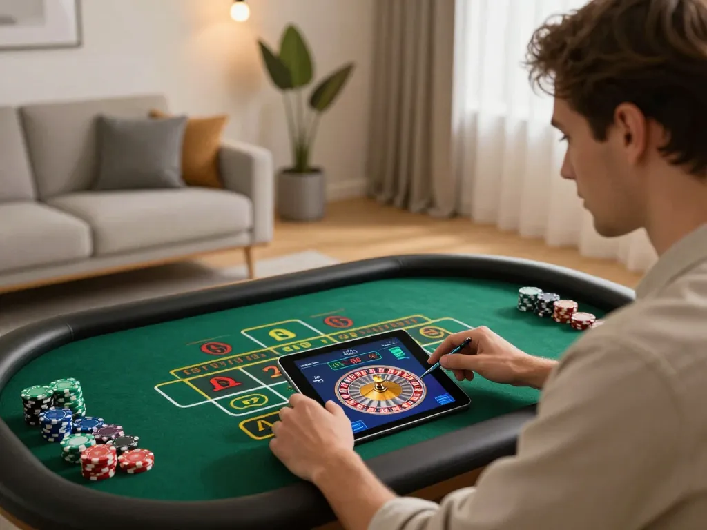 Player enjoying a live roulette game on a tablet with a warm home atmosphere at 79club