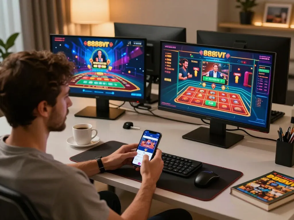 Engaging with the 888VI casino app on smartphone at a comfortable home gaming setup.