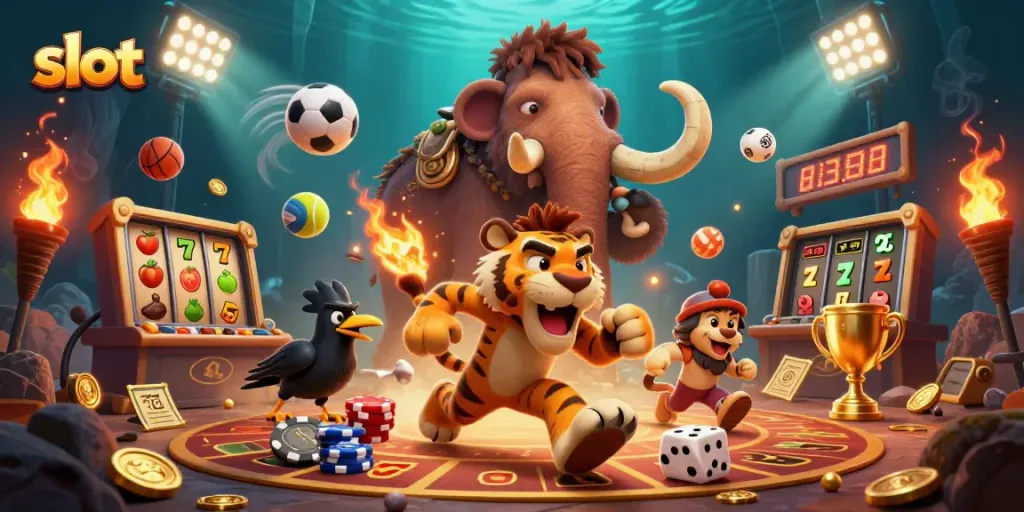 Experience thrilling slot games with cartoon caveman and tiger in a dynamic casino scene.