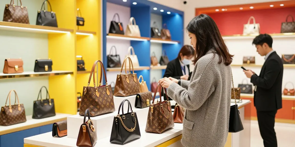 Shopper explores high-quality 레플리카 쇼핑몰 bags in modern retail setting, vibrant atmosphere and engaging experience.