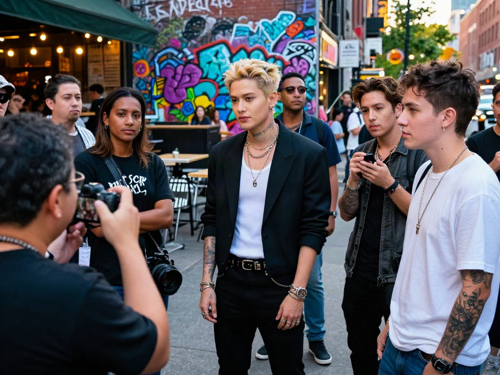 Look alikes of famous people enjoying an urban street scene, showcasing celebrity resemblance and vibrant culture.