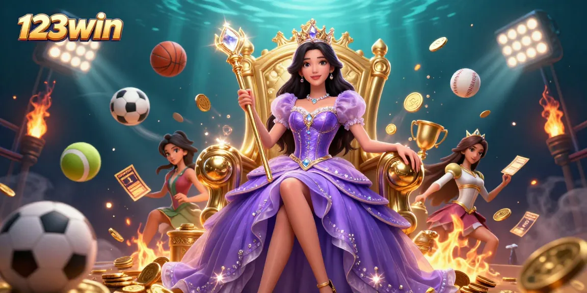 Engage with 123win's dynamic casino experience with vibrant sports elements and an enchanting mascot.