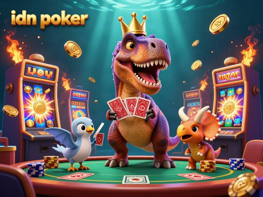 Experience the excitement of idn poker with whimsical characters and vibrant casino elements in an engaging scene.
